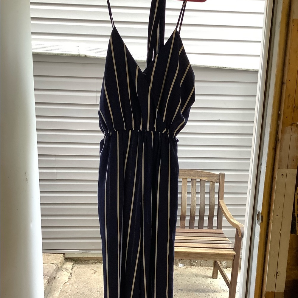 Belted Striped Jumpsuit-Navy